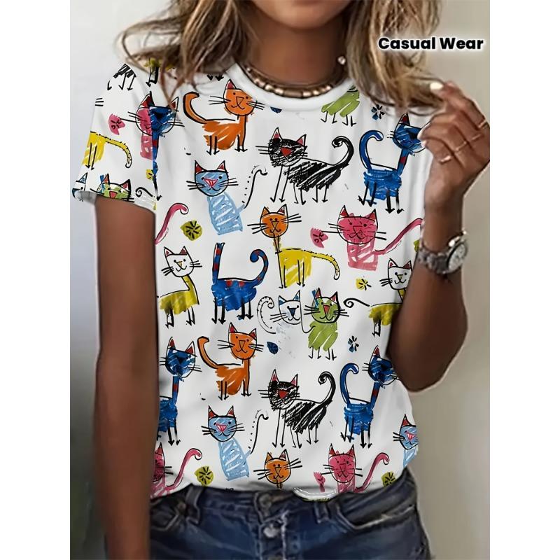 Women s Colorful Cat Art Print Short Sleeve Top S