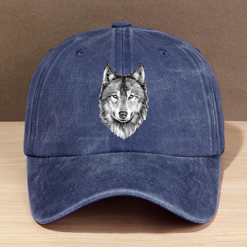 Modische Baseballkappe für Damen und Herren mit Buchstaben-Wolfskopf-Print, gewaschen, verstellbare Trucker-Kappe für Outdoor-Sportarten, Angeln