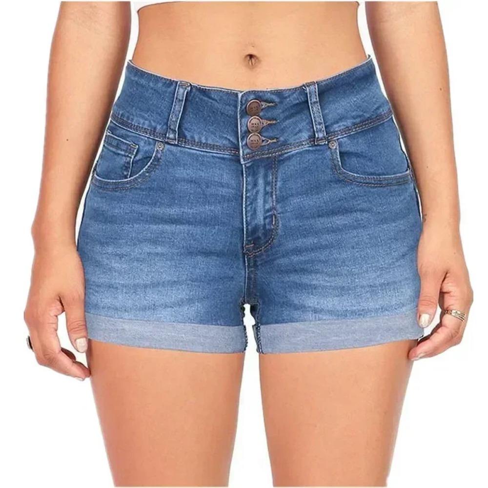 Shorts Vaqueros Azules Cintura Vaquero Elástico Plisados Shorts de Verano Coreanos para Mujer