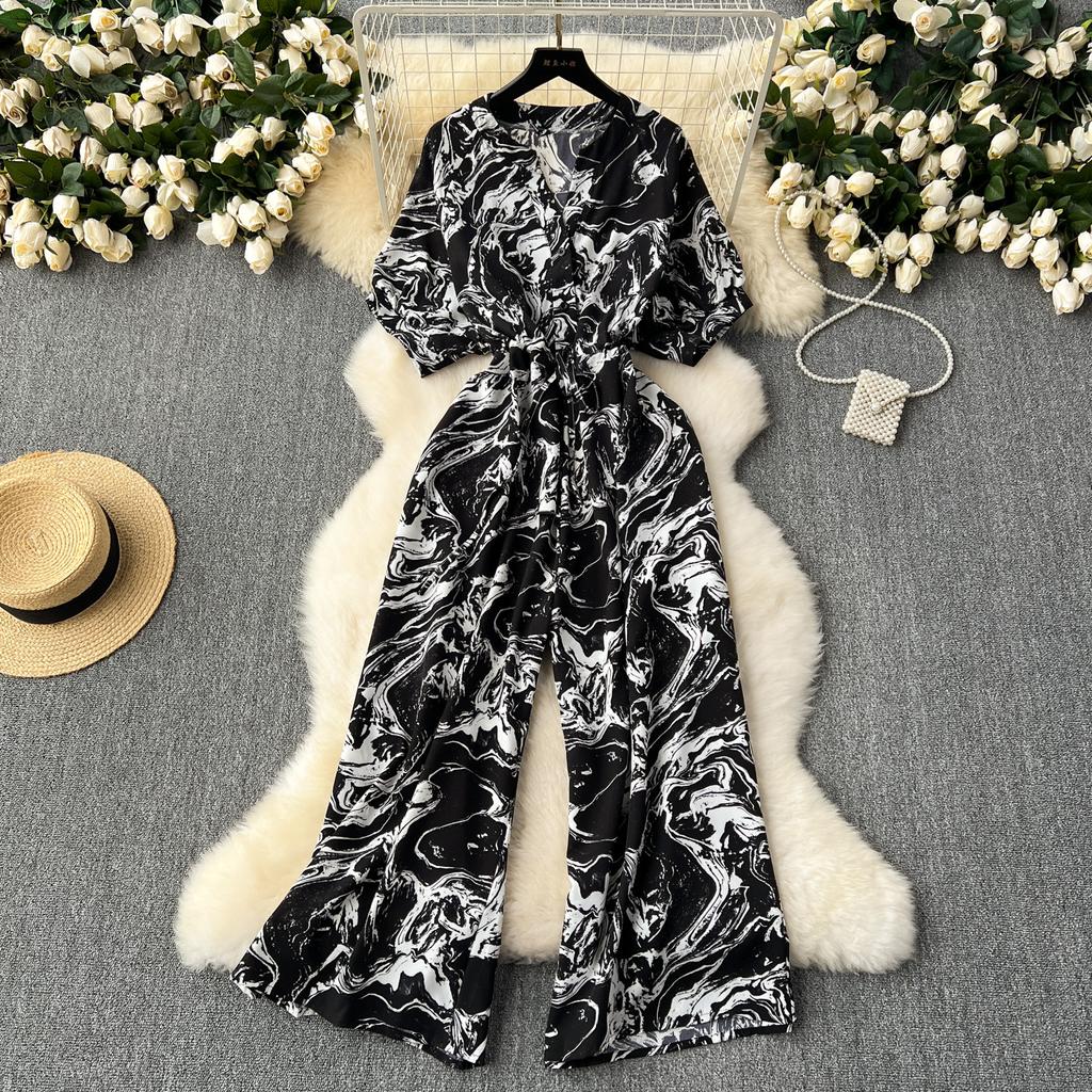 Short Sleeve Wide Leg Pants Jumpsuit Casual Elegant for Women Office Lady Print Bandage Femme Thin Slim V Neck Jumpsuit