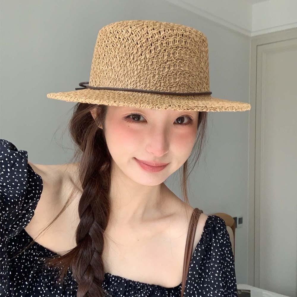 With Bow Straw Boater Hat Breathable Mesh Sun Protection Handwoven Sun Cap Wide Brimmed Lightweight Flat Top Beach Hat