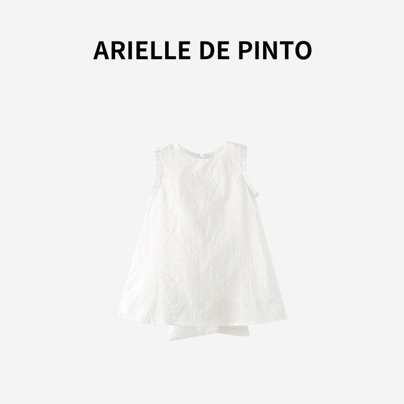 French Arielle De Pinto Girls  Dress Summer Sleeveless Tank Top Dress with Cutout Back and Big Bow White 130