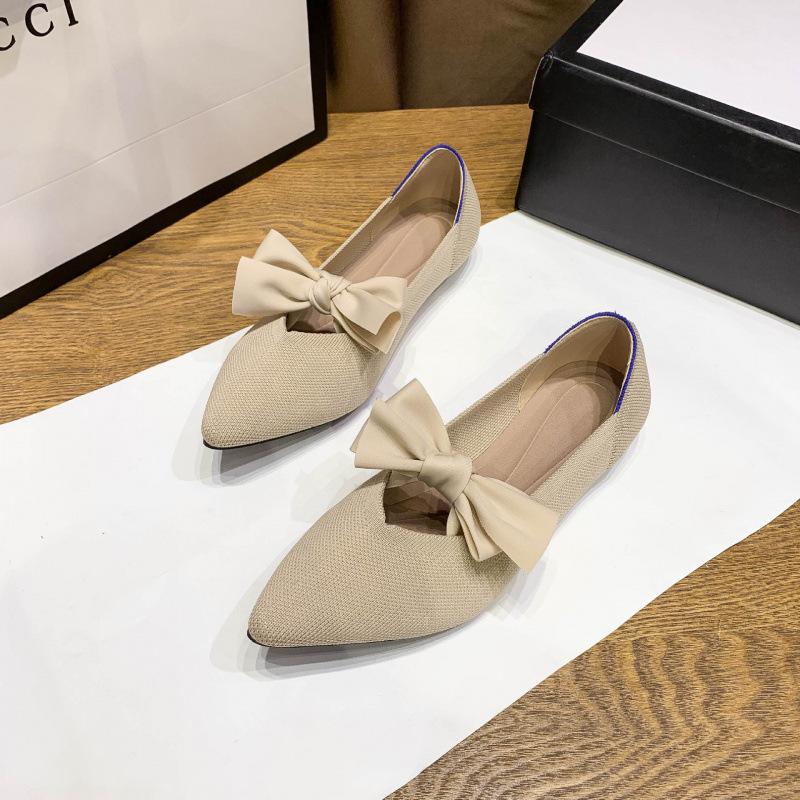 Single shoes women's new bow flat bottom super soft knitted pointed head shallow mouth woven bean shoes