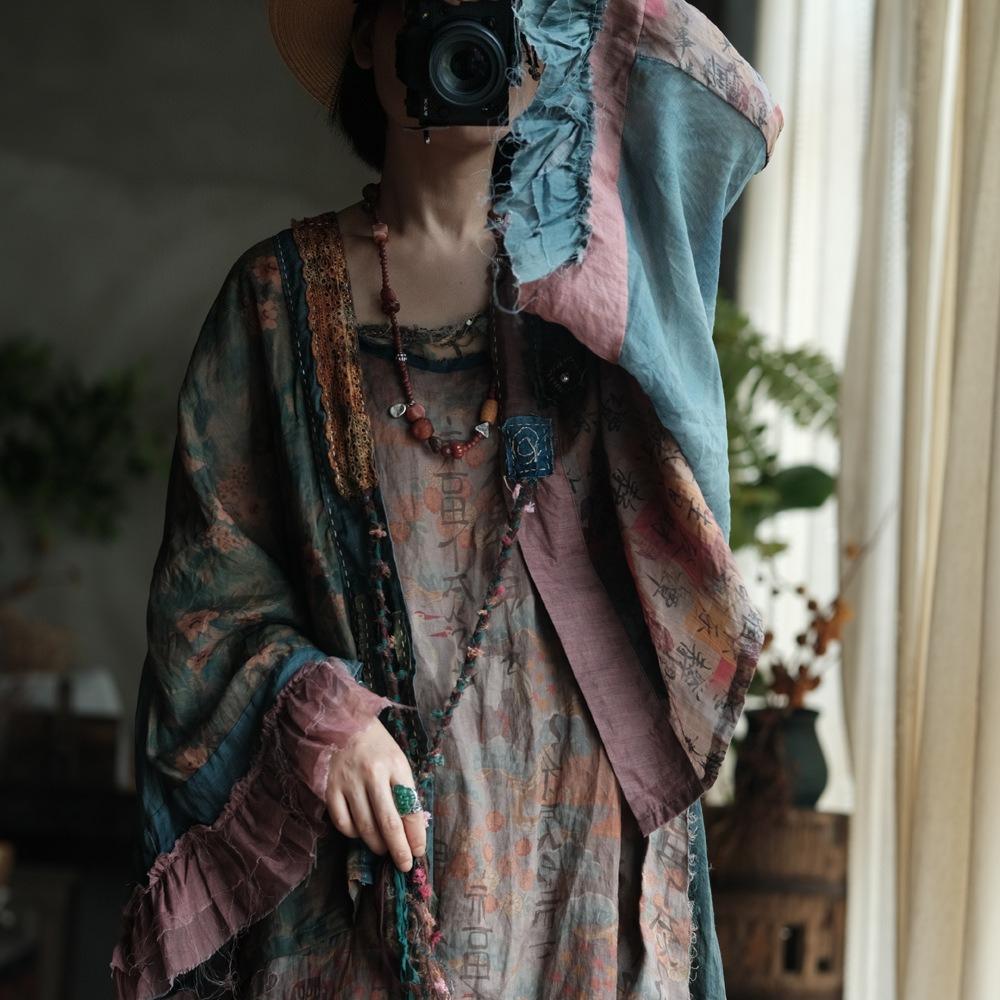 Johnature Women Vintage Patchwork Color Shirts Belt  Autumn Blouses Bat Sleeve Female Blouses Chinese Style Tops