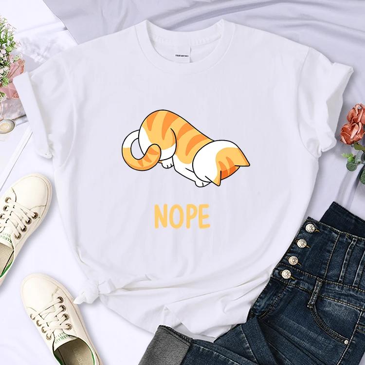 The Little Orange Cat Bows His Head and Refuses Printed TShirts Women Funny Cartoons Short Sleeves Soft Summer T Shirt Female