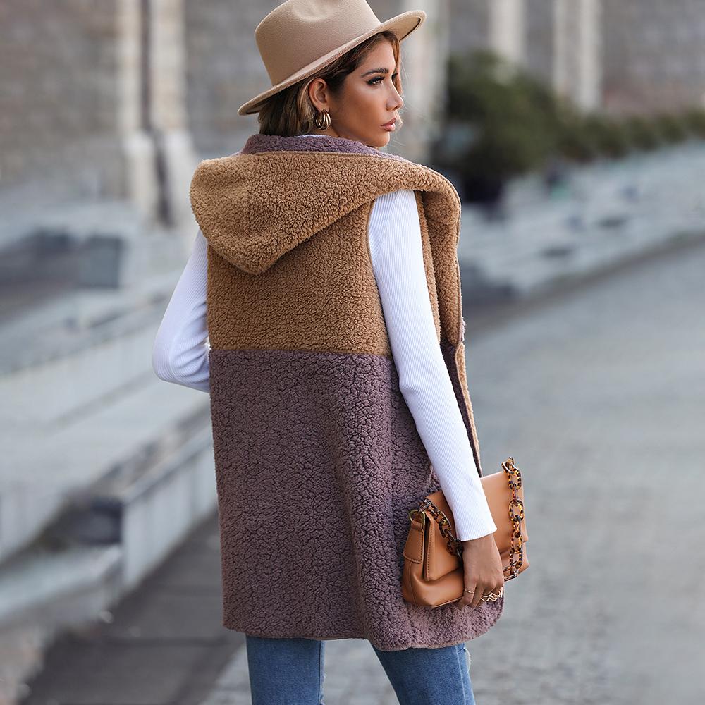 Autumn Women's Hooded Sleeveless Colorblocking Pocket Buttonless Mid-Length Cardigan Bubble Fleece Jacket