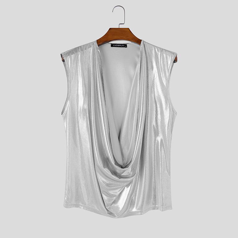 INCERUN Herren Niedriger Rollkragen Ärmellos Glänzend Metallisch Glitzer Bühne Performance Kostüm Party Tanktops