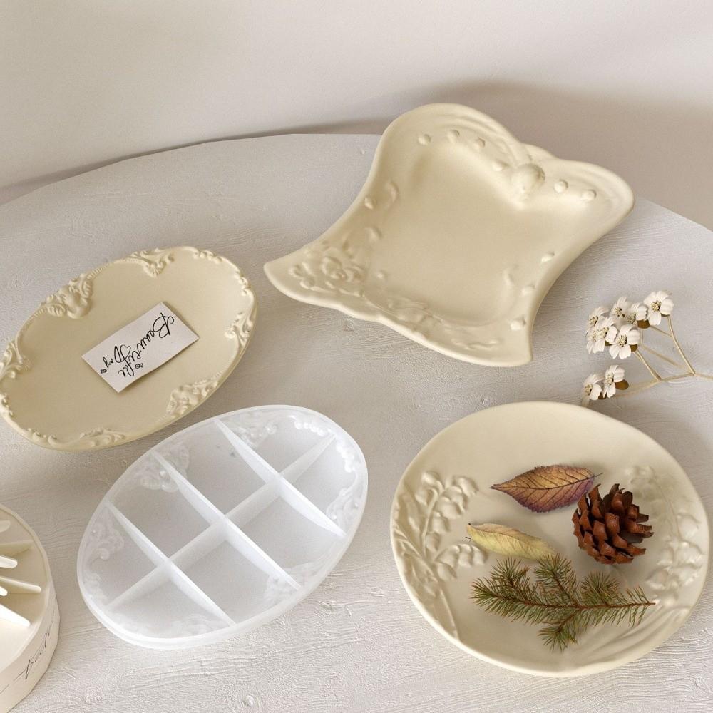 Silicone Silicone Molds Flower Pattern Oval Storage Tray Silicone Mold Embossed Pattern Round Shape Gypsum Mold