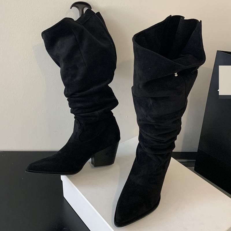 Fashion Eilyken Winter Vintage Pleated Knee High Boots Women Designer Buckle Pointed Toe Chunky Heels Zipper Botines De Mujer