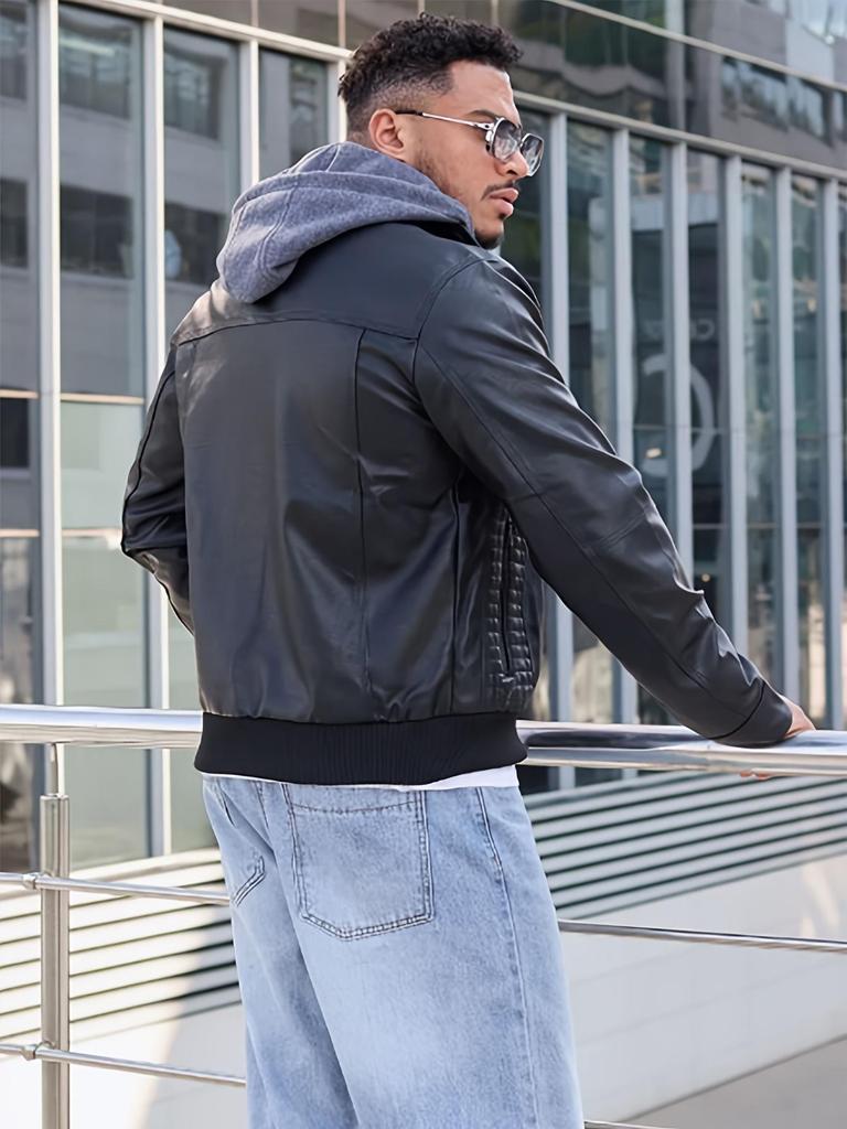 Men's Winter Plus Size PU Leather Jacket with Detachable Hood - Fleece-Lined Motorcycle Coat, European & American Style