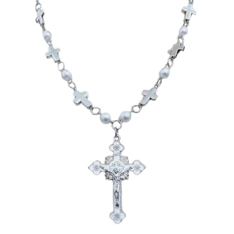 Fashionable Cross Pendant Necklace Pearls Beaded Chain Hiphop Collarbone Chain