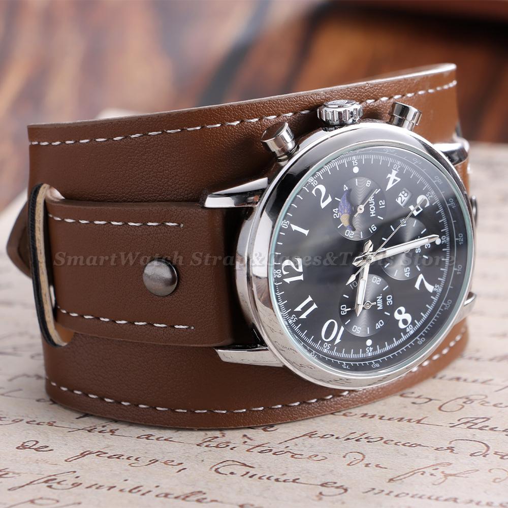 20/22/24mm Bund Strap Men's Vintage Cowhide Cuff Watch Band Pin Buckle Bracelets Deep Brown Black Light Brown Color Watch Strap