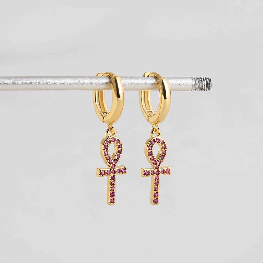 

Chic Gold Color Huggie Earrings Vintage Cross Egyptian Ankh Hoop Earrings for Women Cubic Zirconia Pendants Earring Zircon фиолетовый