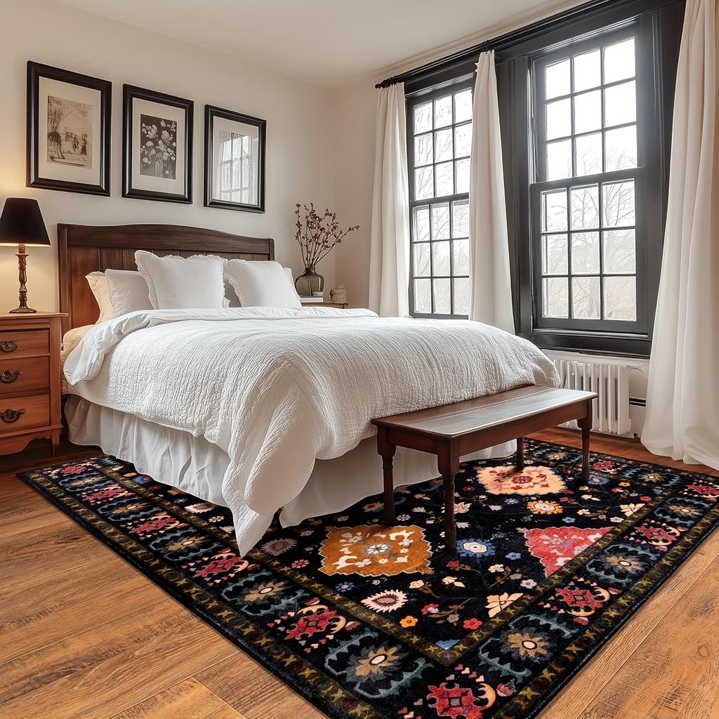 Gnizama Black Floral Living Room Area Rug, Washable Vintage Floral Living Room Rug, Bedroom Area Rug