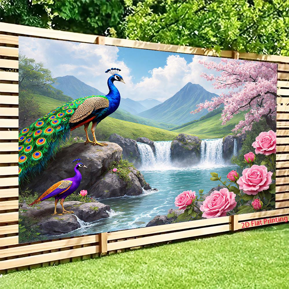 2D Plane, 1 Piece: A Peacock Is Standing On the Mountain Beneath a Waterfall. Suitable for Festivals, Parties, and Birthdays.