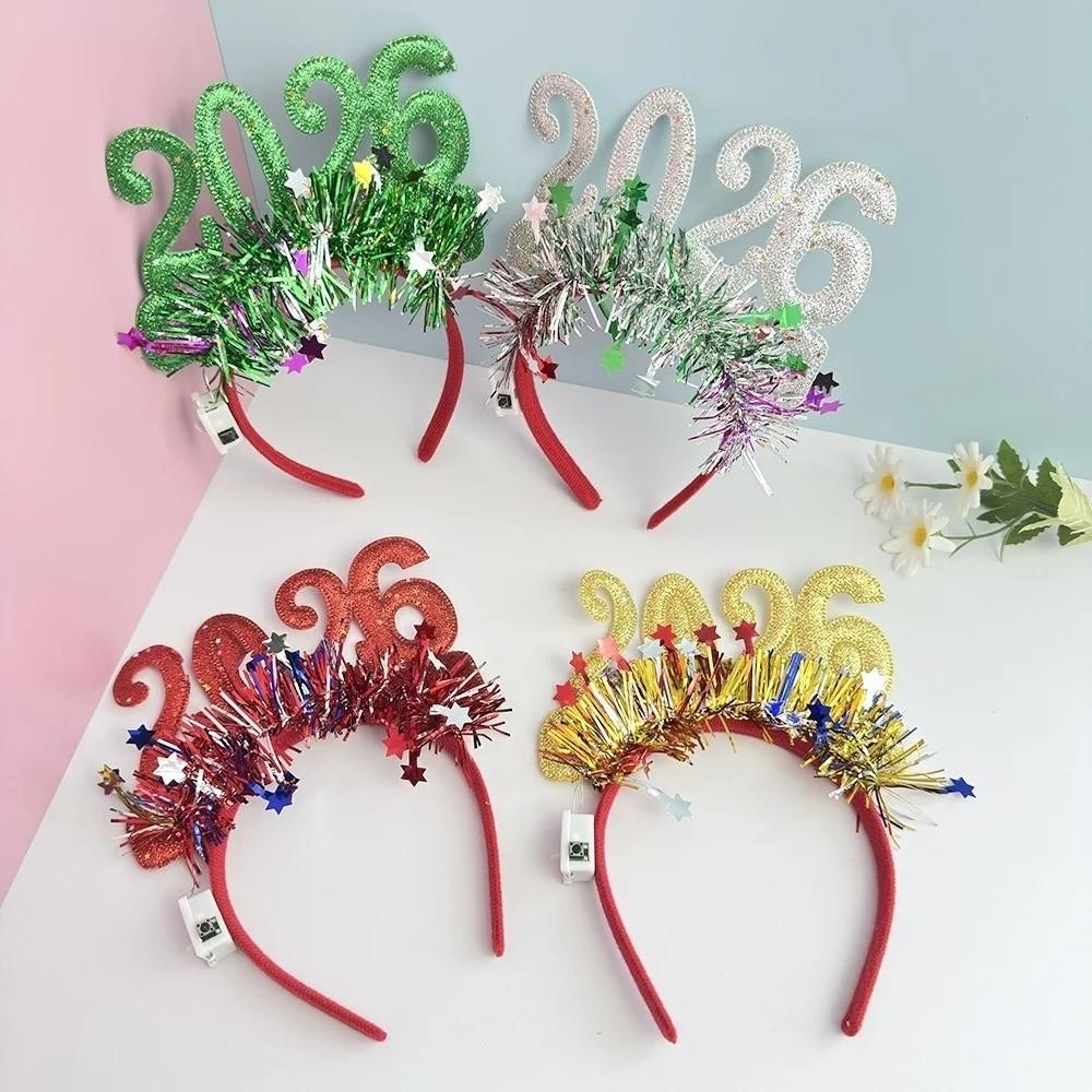Sweet 2026 Happy New Year Headband Cute Glitter Hair Hoop LED Glow Hair Bands  Party Decoration