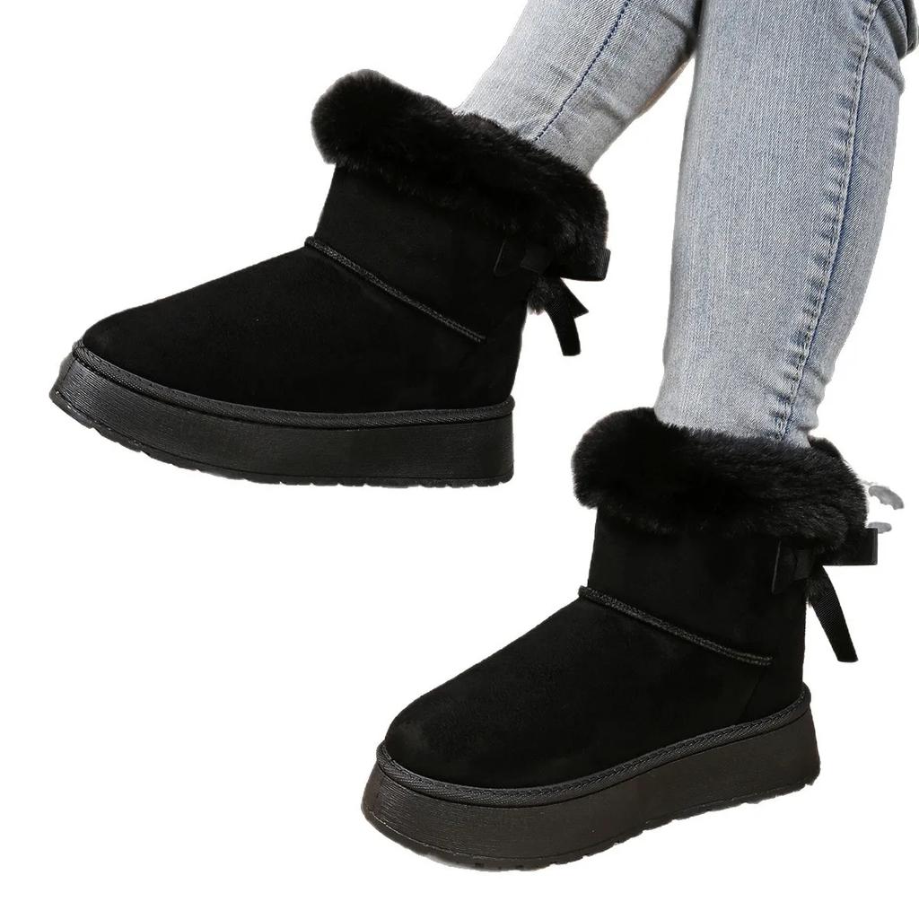 Autumn Winter Thick Bottom Fleece Lined Snow Boots Women's Butterfly Knot Fur Trim Warm Short Boots Rubber Upgraded Version