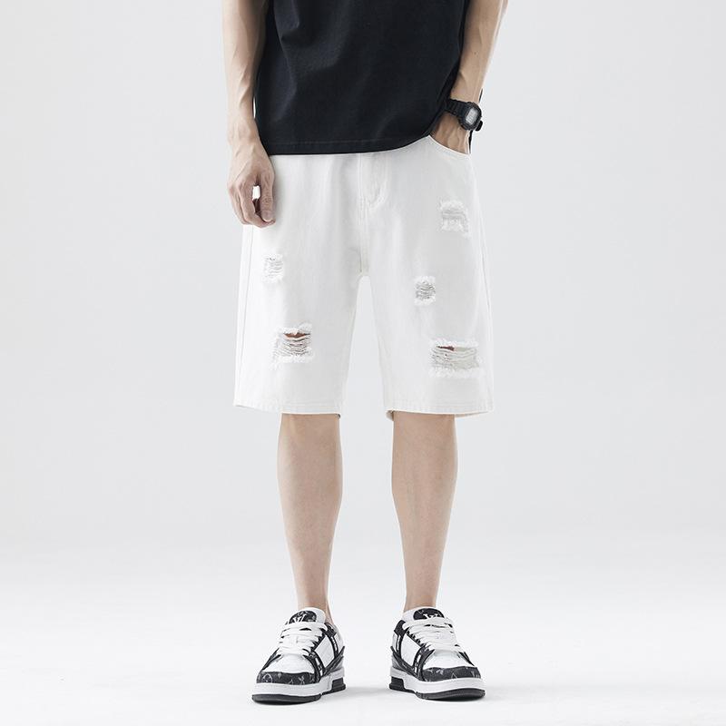 

New Summer Pure White Straight Wash Denim Shorts Men s Ripped Loose Casual 5-point Pants 36 слоновая кость
