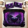 3pcs Black Purple Beding Set Love Heart Wing Print Cozy Soft Duvet Cover Set King Quen Twin Single Sized Dimensions Birthday Gift Bedrom Decor