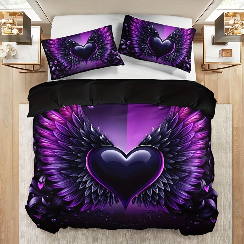3pcs Black Purple Beding Set Love Heart Wing Print Cozy Soft Duvet Cover Set King Quen Twin Single Sized Dimensions Birthday Gift Bedrom Decor