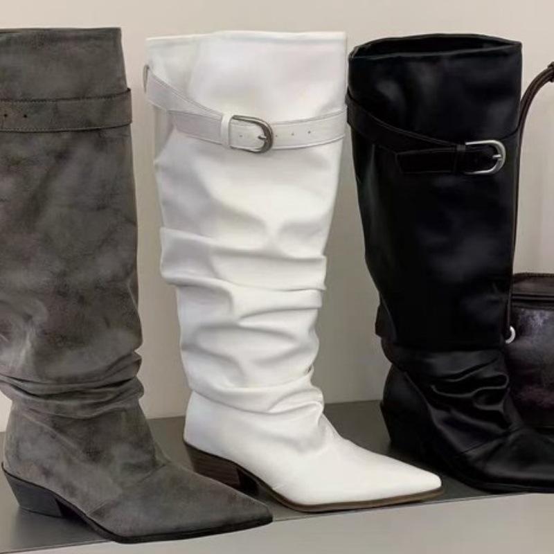 Niche design pointed pleated stacking boots spring and autumn new large tube circumference belt buckle boots tall knight boots