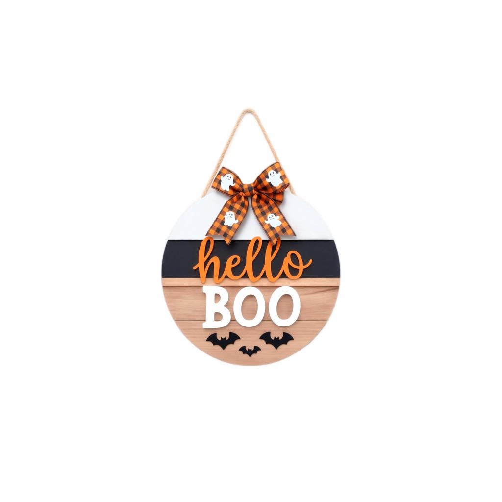 Wooden Round Halloween Door Sign Hanging Decoration Outdoor Porch Patio Party Seasonal Welcome Sign with Bow and Bat Cutouts