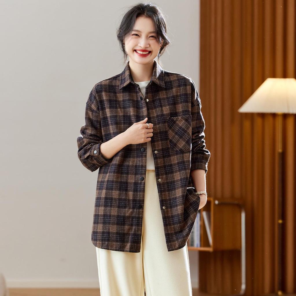 Women's Brushed Plaid Long Sleeve Shirt - Thickened & Warm, 2025 Autumn/Winter Collection
