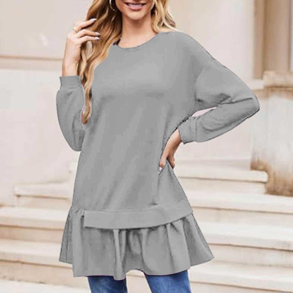 Women's Fashion Casual Loose Long Sleeve Ruffle Mid-Length Solid Color Sweatshirt