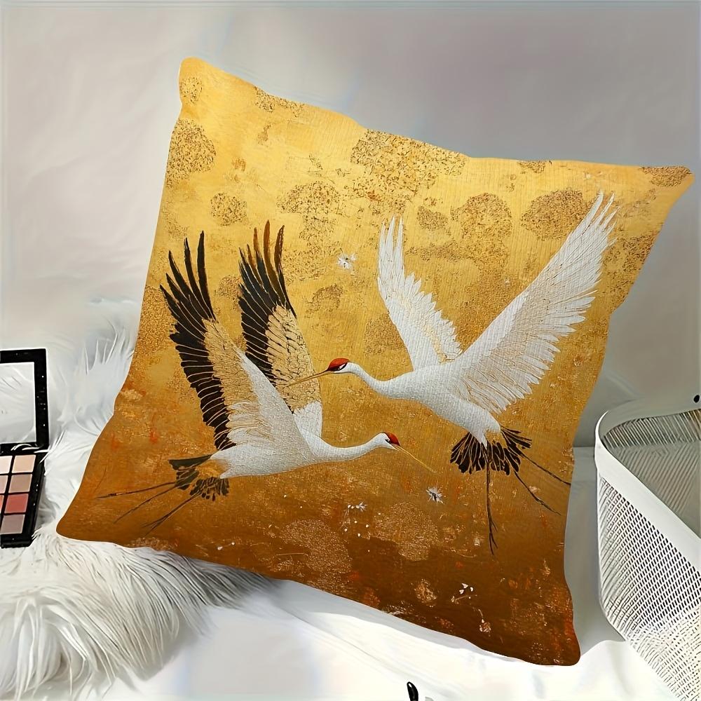 2D Flat- Vintage Gold Tone Red Crowned Crane Linen Throw Pillow Cover Decorative Square Cushion Case For Home Sofa Bedroom
