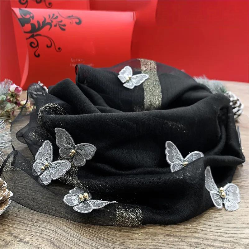 

Шарф Шаль Жіночий тонкий шовковий шарф із метеликами Весняно-осіння мода Універсальний шовковий шовк 200CMx70CM чорний