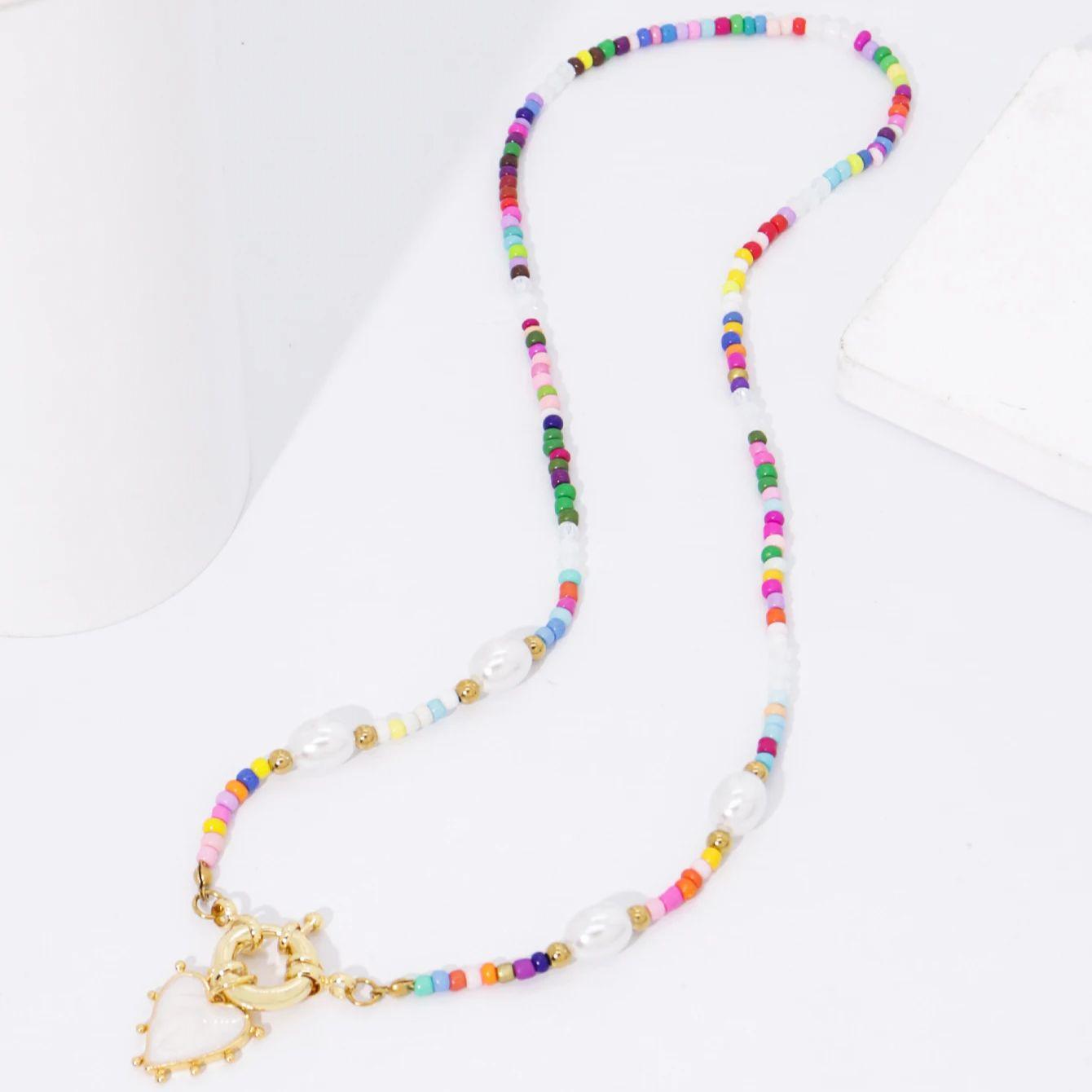 

Women s Cute Handmade Beaded Necklace with Heart Pendant & Golden Clasp - Colorful Beads for Vacation Party Jewelry