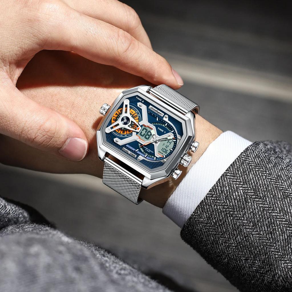 POEDAGAR Luxury Men's Quartz Watches Stainless Steel Mesh LED Waterproof Date Week Man Watch Fashion Sports Electronic Men Clock