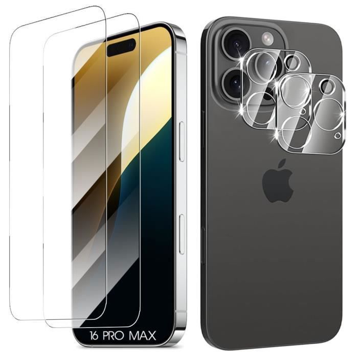 Protection d'écran - Verre Trempé - pour iPhone 16 Pro Max - 2 Verres + 2 Vitres Caréra - Résistant aux Rayures - Antichoc
