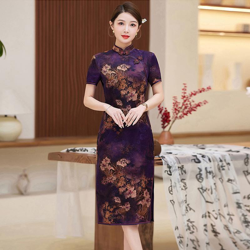 Fragrant Cloud Yarn Dress Retro Improved Printing Medium and Long Heavy Mulberry Silk Cheongsam Skirt Women