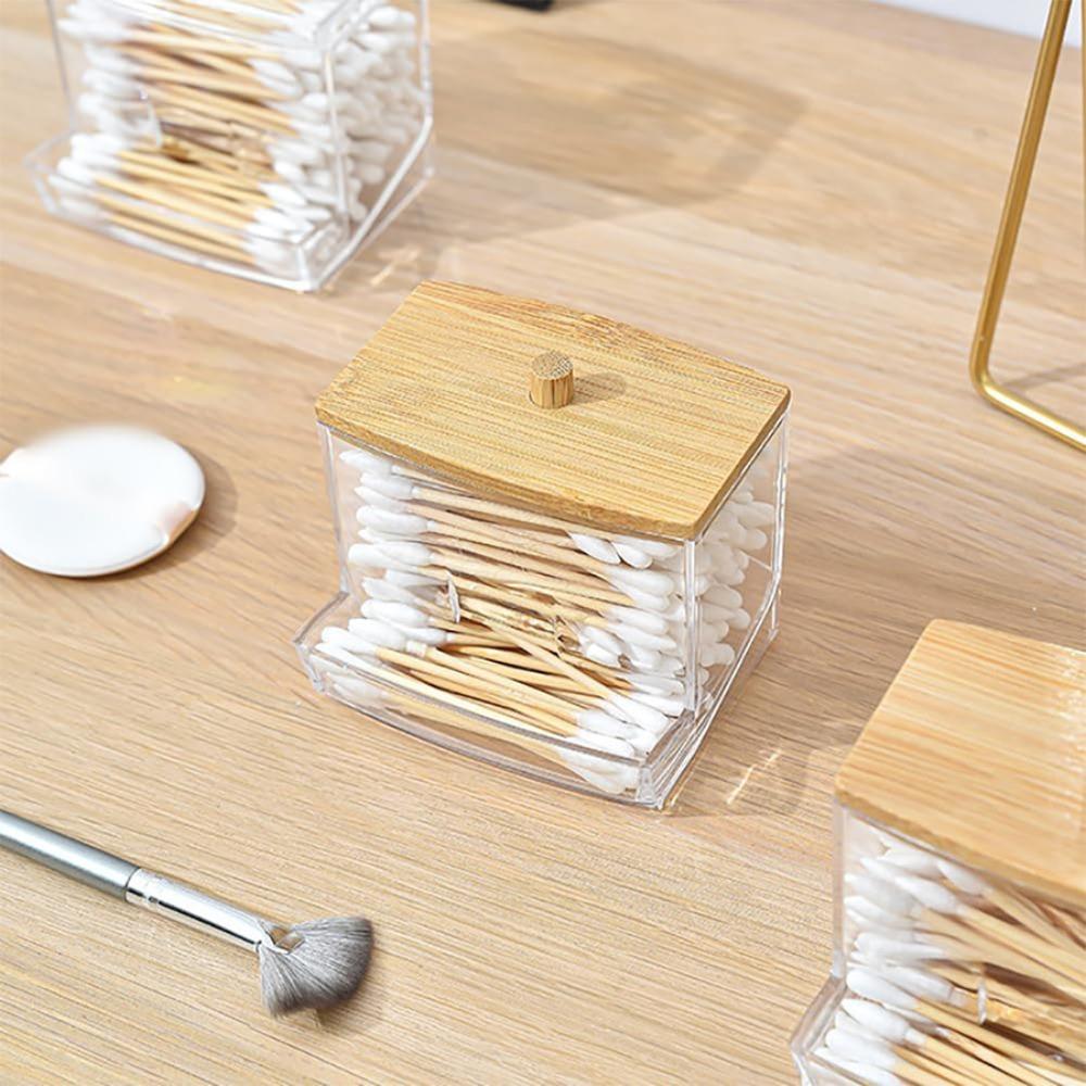 Cotton Swab Storage Box Double Head Cotton Bud Container with Bamboo Cover Transparent Square Cotton Swab Toothpick Organize Box
