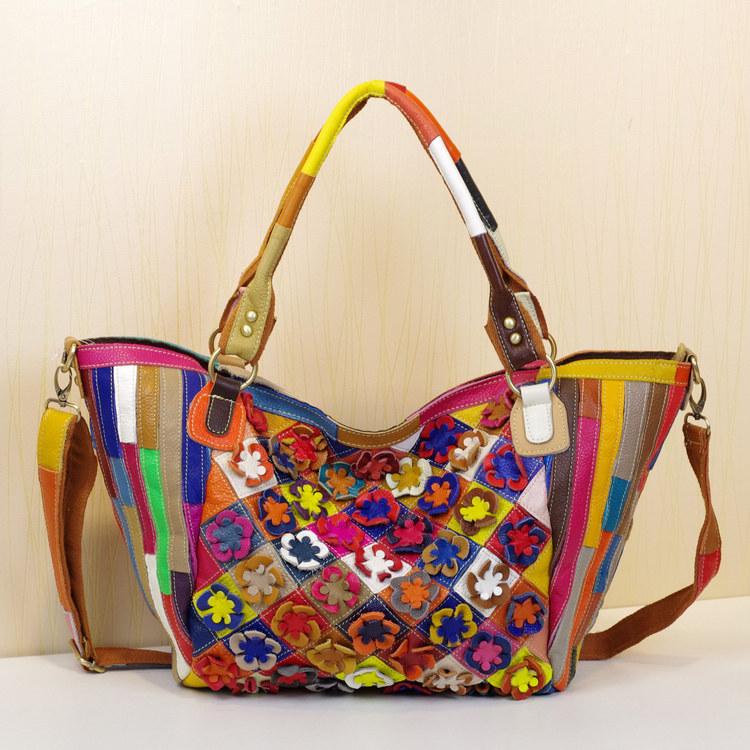 

Bag Women S Fashion Crossbody Bag Leather Bag First Layer Cowhide Flower Contrasting Color Large Bag Casual Ethnic Style Women S Bag