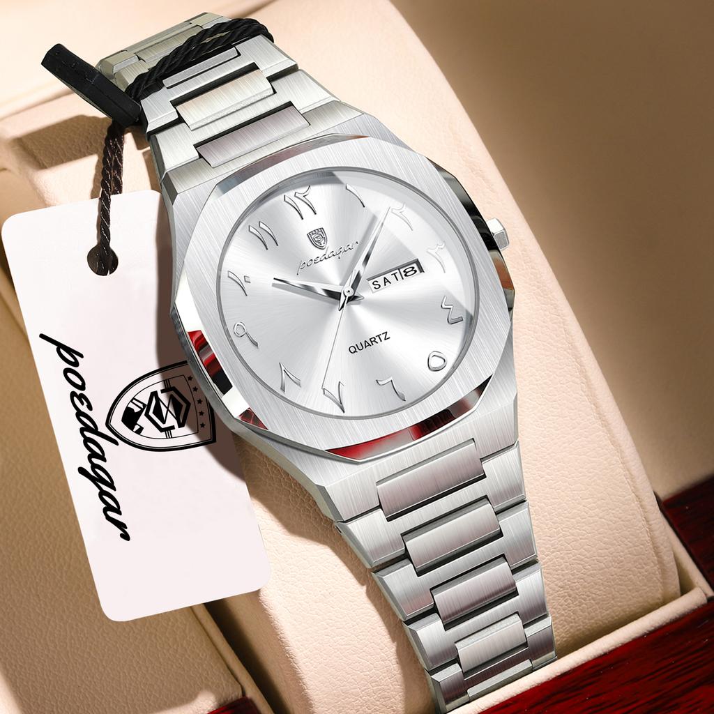 POEDAGAR Elegant Woman Clock Date Week Waterproof Casual Ladies Wristwatch Quartz Stainless Steel Fashion Watches