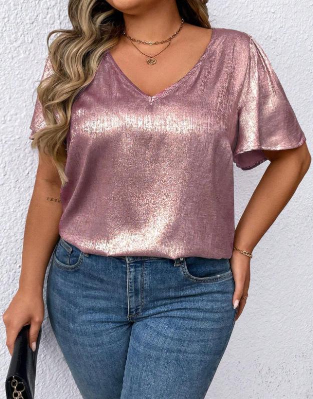 T-shirt Manches Courtes Uni Col en V Coupe Ample pour Femme Printemps/Été 2026