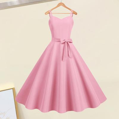 Vintage Damen Kleid A-Linie Big Swing Einfarbig Rückenfrei Spaghettiträger 50er Schleife Dekor Abschlussball Cocktail Party Hochzeit Midikleid Abendkleid