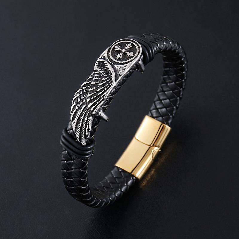 Punk Vintage Gothic Wing Leather Braided Stainless Steel Wristband Cuff Fashion Jewelry Bracelet Men Magnetic Clasp