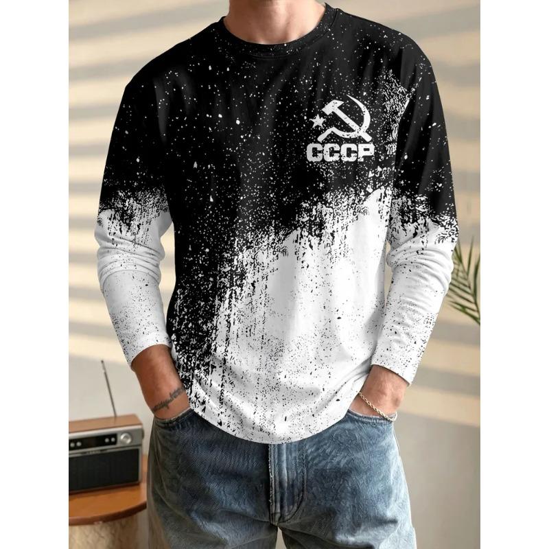 Tricou cu gât rotund și mânecă lungă, imprimat 3D, pentru bărbați, toamnă și iarnă