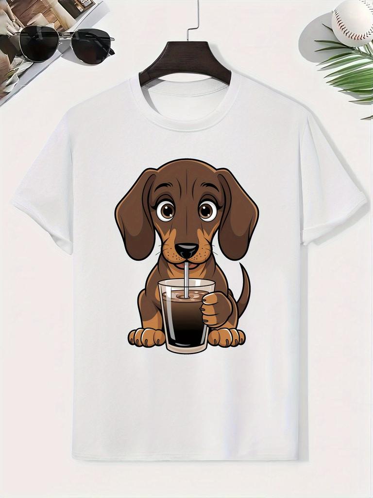 Unisex Yellow Tee Dachshund Dog Drinking Coffee Graphic Print Short Sleeve Loose Casual Top For Adult Male Daily Street Wear Out