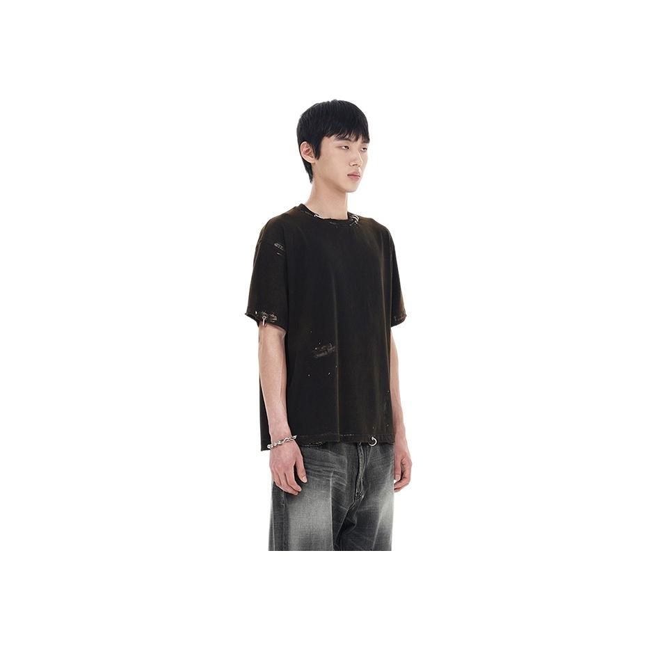 WE11DONE Ribbed Round Neck Drop Shoulder Distressed Short Sleeve T-Shirt Unisex Tops WD-TT0-25-770-U-BK