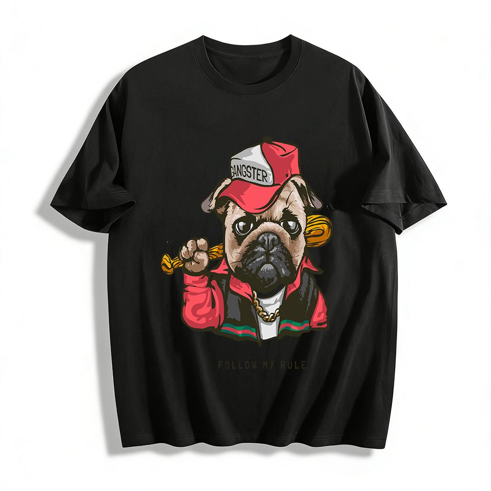 Gangster Pug Print Hip Hop Style Cool Casual Loose Fit T-Shirt Pure cotton T-shirt XXS