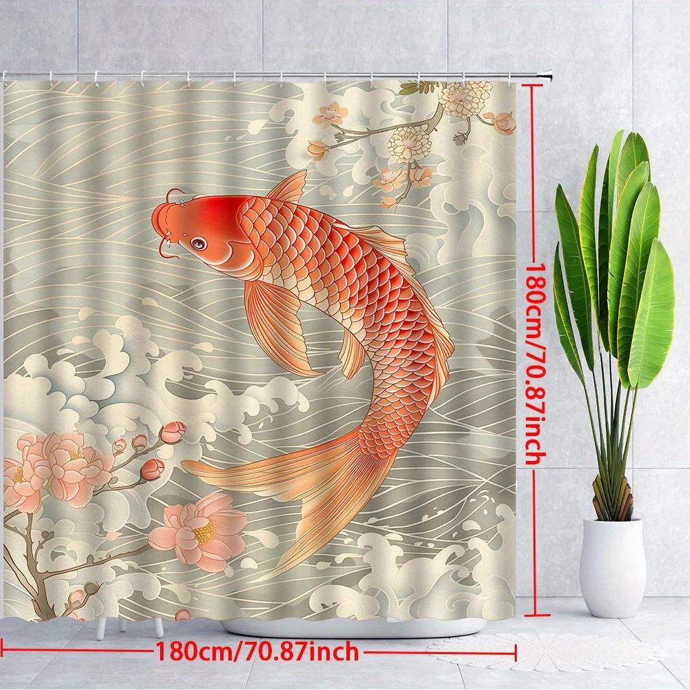 1 Piece Red Orange Koi and Sakura Shower Curtain-Flowing White Waves and Pink Flower Pattern, Polyester Fabric, Machine Washable