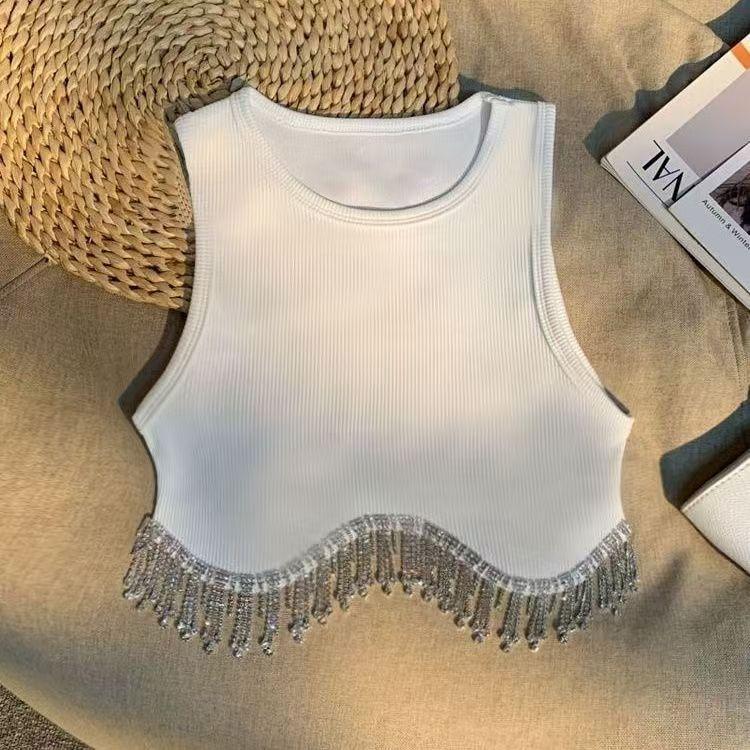 Women Slim Crop Tank Top, Black White Ribbed Round Neck Sleeveless Vest with Sparkly Rhinestone Tassel Fringe Hem Party Cami Top 100cm