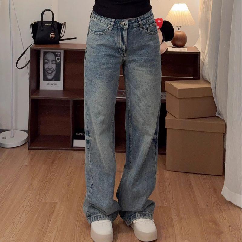 

Nami25 New American Style 060 Low Waist Retro Washed Distressed Jeans Women Slimming Straight Retro Blue S