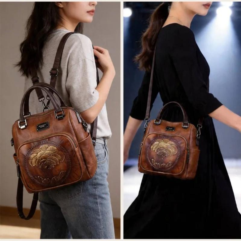 Johnature Zaino Vintage Fatto a Mano Goffrato Multiuso e Versatile Grande Capacità Borsa da Donna