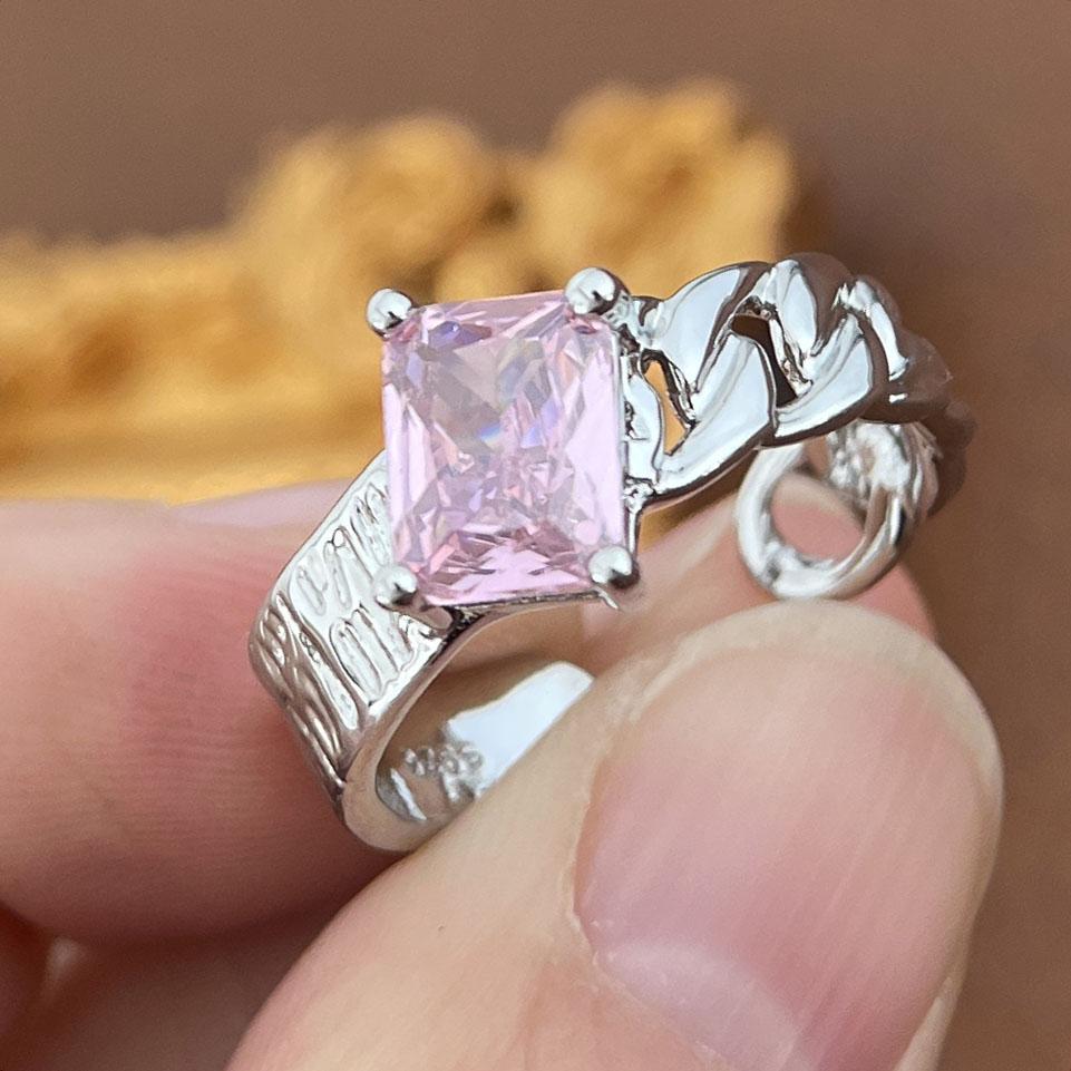 

925 Sterling Silver Rings for Women Couple Minimalist Handmade Pink Zircon Open Ring Party Jewelry Gift Prevent Allergy resizable