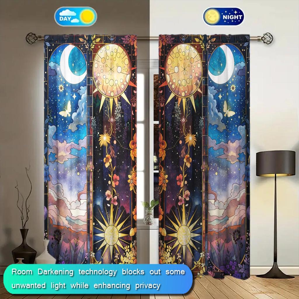 2 Panels Creative Illustration Starry Sky Curtains   Versatile Design Suitable for Any Style   Creating a Peaceful Living Space